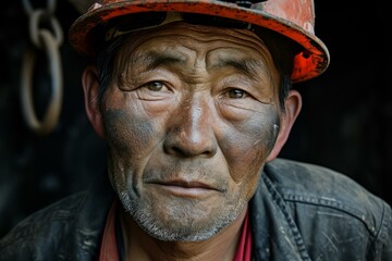 Diligent Asian miner face worker. Mine coal. Generate Ai