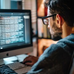 A programmer coding on an iMac in a dimly lit room, reflecting dedication and the late-night hustle of software development