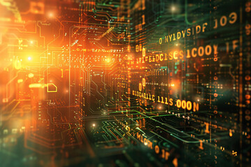 Abstract concept of digital circuit board with glowing orange light