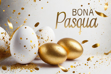 Wall Mural - Happy easter text in Catalan with golden and white easter eggs with confetti on white background.