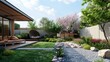 Peaceful modern backyard with nature elements - An inviting serene backyard design blending modern furniture with natural elements and greenery