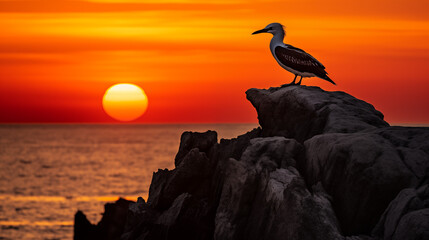 Poster - silhouette of a bird, Silhouetted against the fiery sunset, a solitary Northern gannet perches on a rocky ledge. Its beak points seaward, as if whispering secrets to the horizon.