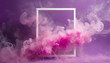 Motion explosion pink smoke with white frame on purple background. Fluid splash vapor cloud