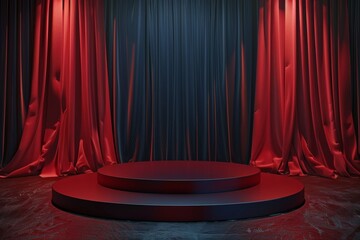 Wall Mural - Stage podium background red light spotlight curtain theater show platform. Stage 3D background podium award cinema winner movie carpet pedestal fabric concert abstract studio dark vip empty silk club.