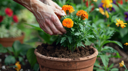 Canvas Print - Hands delicately planting marigolds in a terra cotta pot.