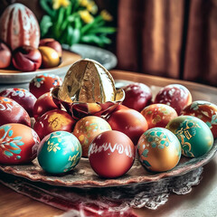 Poster - easter eggs in a basket on the table