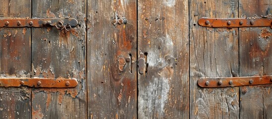 Poster - A detailed close-up of a weathered wooden door showing signs of age with rusted metal hardware