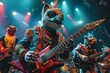 A group of people dressed in animal costumes playing guitars. Generative AI.