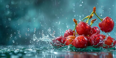 Sticker - A bunch of cherries are being splashed with water. Generative AI.