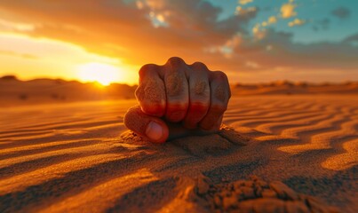 Sticker - A hand sticking out of the sand at sunset. Generative AI.