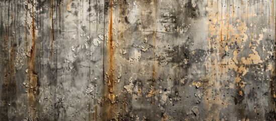 Sticker - A weathered wall covered in rust patches and peeling white paint, showing signs of decay and neglect