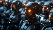 Close-up view of an army of humanoid robots with intense red glowing eyes, conveying a futuristic military concept