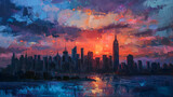 Fototapeta  - Dramatic abstract cityscape painting of New York City at dusk
