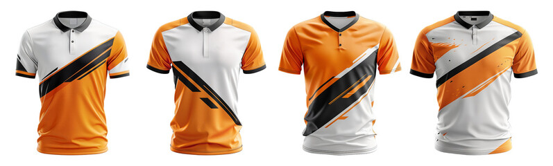 Wall Mural - set of sport polo shirts with orange white and black abstract pattern front view, generative ai