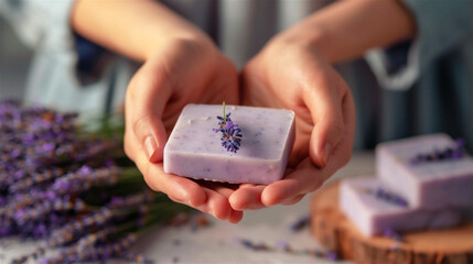 Wall Mural - A person's hands hold ready-made handmade lavender soap on a table background with lavender sprigs and bars of soap.