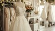 A beautiful wedding dress with intricate lace detailing is displayed on a mannequin in a bridal boutique.