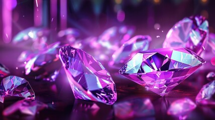 Sophisticated diamonds on reflective surface - Elegant digital artwork showcasing sophisticated diamonds scattered on a reflective purple surface with diffused light effects adding to the scene's luxu