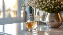 A Beautiful Transparent Perfume Bottle With A Silver Cap Is Placed On A Marble Table Against A Blurred Background Of A Vase Of White Flowers And A Mir