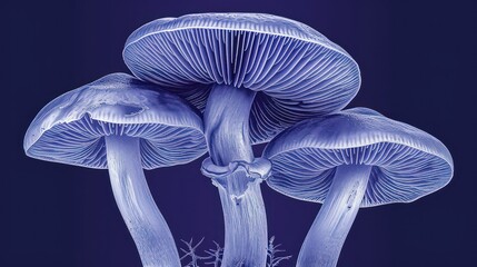 Wall Mural - a group of blue mushrooms sitting on top of a green plant covered in blue ligty ligty.