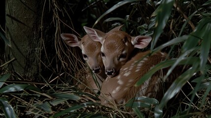 Poster - a couple of baby deer standing next to each other on a lush green forest filled with lots of tall grass.