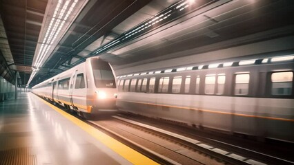 Wall Mural - A train travels through a bustling train station, passing alongside a busy loading platform, Shot of ultra fast modern train driving to his destination, fastest public transport, AI Generated