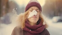 A woman standing outdoors in the snow, blowing her nose, Sick woman blowing her nose on a cold winter day, AI Generated
