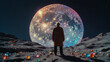 Alter Wissenschaftler steht auf einer Mondoberfläche mit glitzernden Kristallen und schaut auf einen weit entfernten leuchtenden Mond