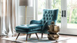 A contemporary accent chair in velvet teal, complemented by a matching ottoman and metallic side table