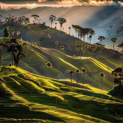 Poster - the sun shines through the clouds over a hilly area with palm trees in the foreground and mountains in the background.