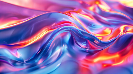 Wall Mural - Holographic Liquid Waves, Purple and Blue Iridescent Foil Texture, Modern and Futuristic Design
