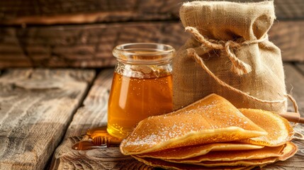 Sticker - a wooden table topped with a jar of honey next to a bag of honey on top of a wooden table.