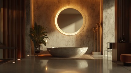 Wall Mural - A stylish modern bathroom interior featuring a minimalist design with a striking round mirror and warm ambient lighting creating a welcoming atmosphere.