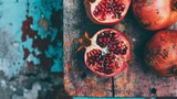 Fototapeta Mapy - a group of pomegranates sitting on top of a wooden cutting board next to a blue wall.