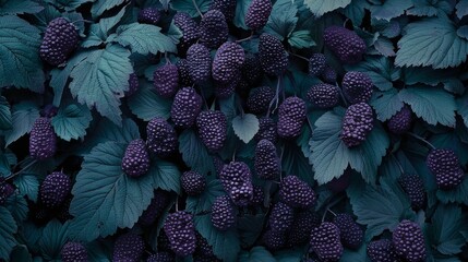 Poster - a close up of a bunch of blackberries with green leaves on the top and bottom of the berries on the bottom.