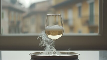 Poster - a glass of white wine sitting on top of a table next to a plate with smoke coming out of it.