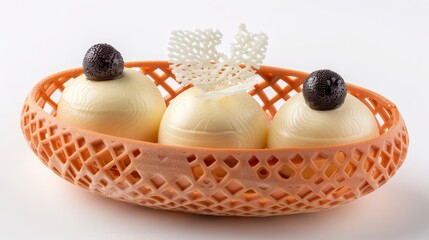 Canvas Print - a close up of three desserts in a bowl on a white surface with a black dot on the top.