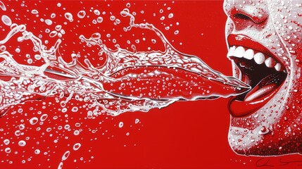 Poster - a close up of a painting of a woman's mouth with water splashing out of it on a red background.