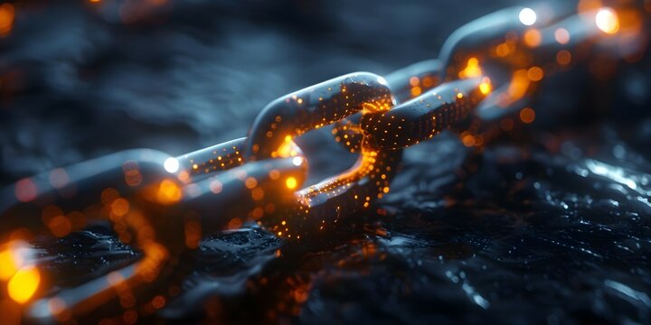 Illuminate digital blockchain links on dark background representing secure data transfer encryption. Concept Blockchain Technology, Data Security, Cryptocurrency, Digital Assets, Encryption