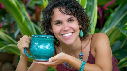 Sticker - a woman holding a green mug in front of her face and smiling at the camera with a smile on her face.