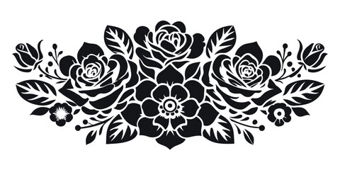 Wall Mural - Retro old school roses for chicano tattoo outline. Monochrome line art, ink tattoo. Intricate floral design featuring a stylized black rose with leaves