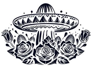 Wall Mural - Mexican retro old school cactus and sombrero for chicano tattoo outline. Monochrome line art, ink tattoo. Striking black and white graphic of surrounded by elegant roses, various applications