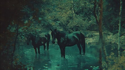 a couple of horses standing in the middle of a forest next to a body of water with trees in the background.