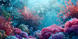 Fototapeta Do akwarium - Underwater-themed product presentation with shimmering aquatic hues, coral reefs, and floating bubbles