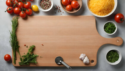 Wall Mural - Composition with cutting board and ingredients for cooking on table. Top view with copy space