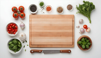 Wall Mural - Composition with cutting board and ingredients for cooking over white background. Top view with copy space