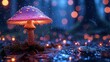 a purple mushroom sitting on top of a wet ground next to a forest filled with lots of small lite up lights.