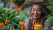 An elderly Indian woman farmer wearing a hat tends plants in a garden.