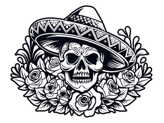 Wall Mural - Mexican retro old school sugar skull in sombrero for chicano tattoo outline. Monochrome line art, ink tattoo. Black and white illustration of a decorative skull with a sombrero surrounded by roses