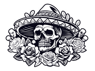 Wall Mural - Mexican retro old school sugar skull in sombrero for chicano tattoo outline. Monochrome line art, ink tattoo. Black and white of day of the dead skull wearing sombrero, surrounded by roses