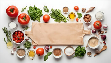 Wall Mural - Food background with free space for text. Composition with ingredients for cooking over white background. Top view with copy space